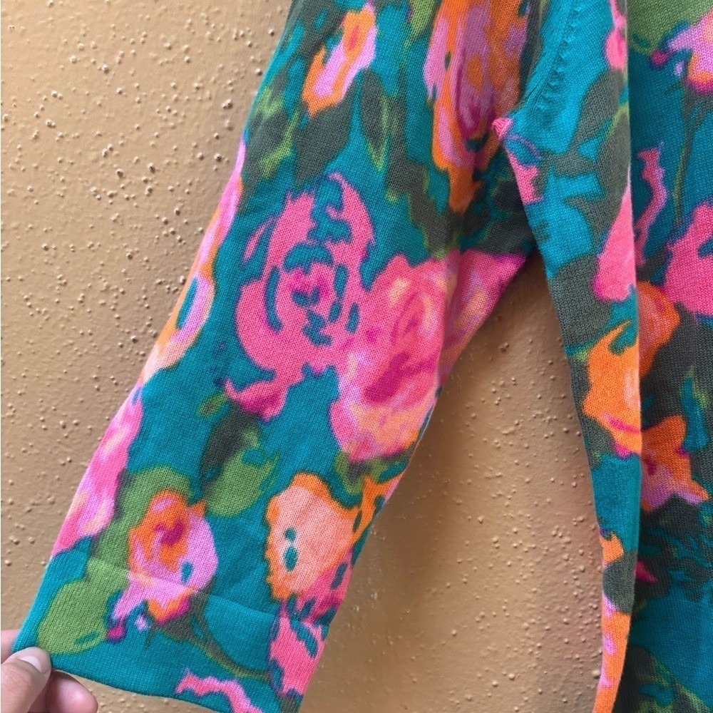 Isaac Mizrahi Live Womens Floral Cardigan Teal Pink Orange Button Front Large - Picture 4 of 5